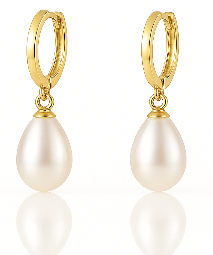 Cercei din aur galben 14K cu perle de cultură albe 8–8,5 mm, tip tortita, formă alungită de lacrimă, bijuterie elegantă pentru femei