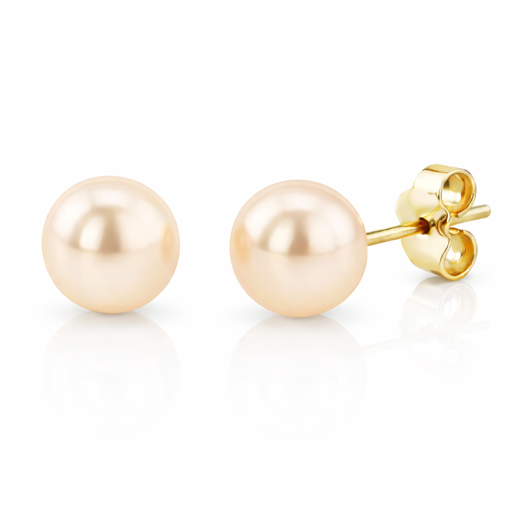 Cercei tip stud cu perle de apă dulce Champagne în dimensiunea de 9 mm și aur de 14 carate culoarea galben 