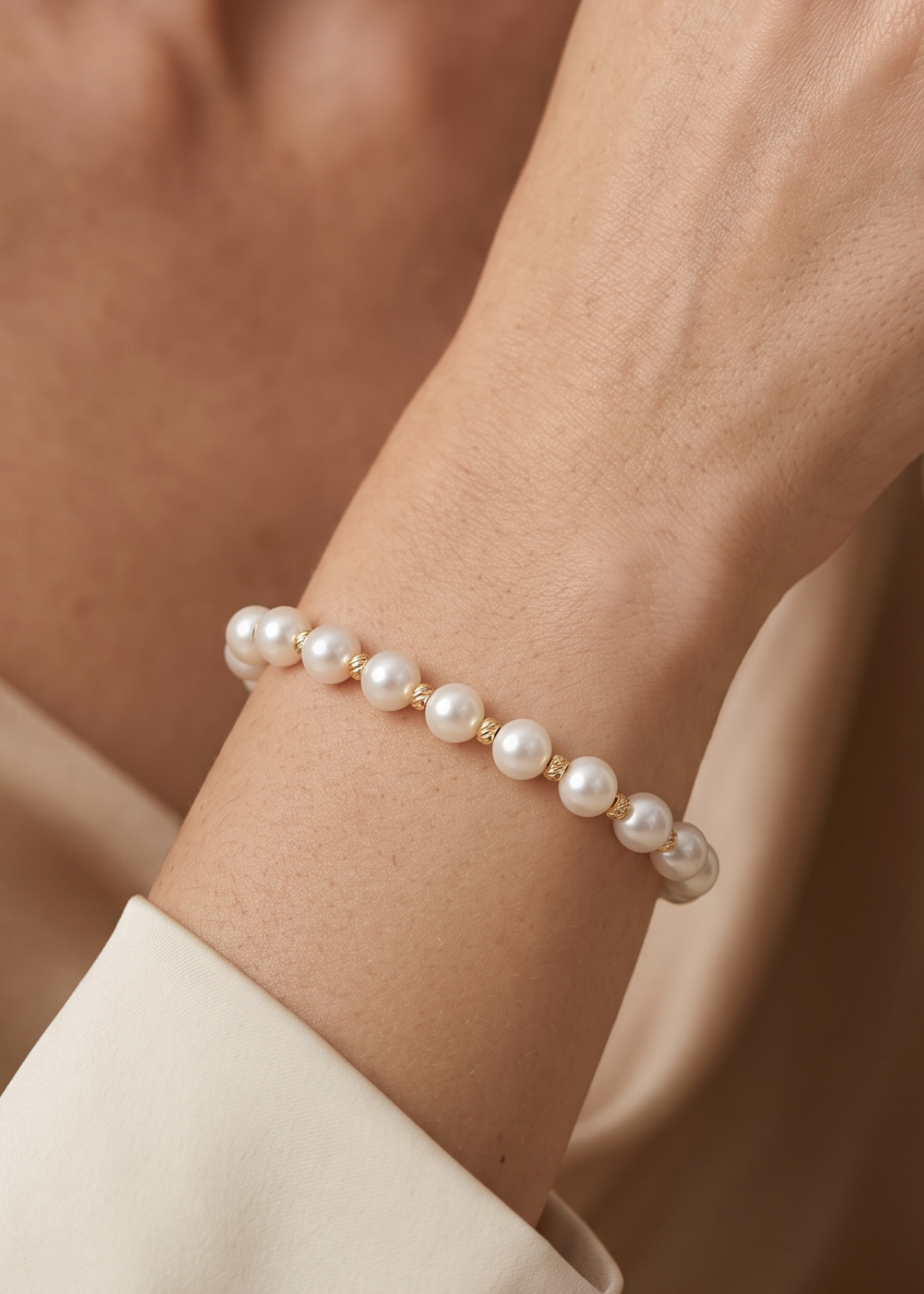 Brățară Aur 14K cu Perle Naturale Albe 5-6mm și Bile Aur — Ivoire Dorée - brățară perle naturale aur 14K - Royal Pearls