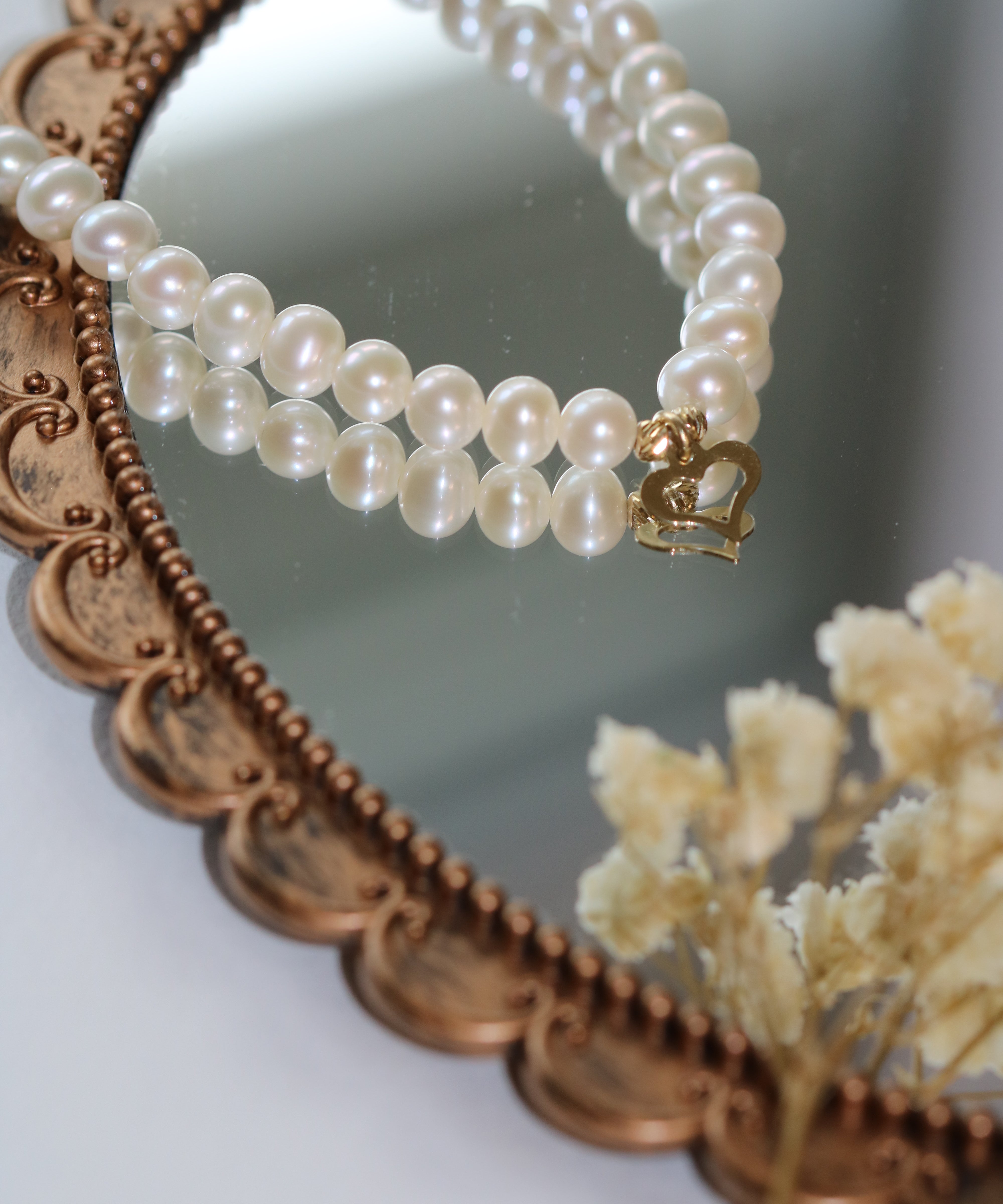 Colier cu perle naturale albe și inimă din aur 14K - Amour Pearl