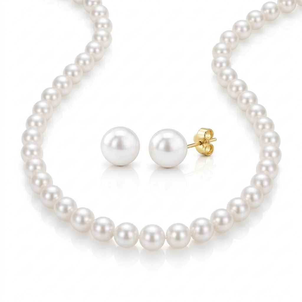set bijuterii perle naturale albe mici aur 14k colier si cercei prezentare - royal pearls