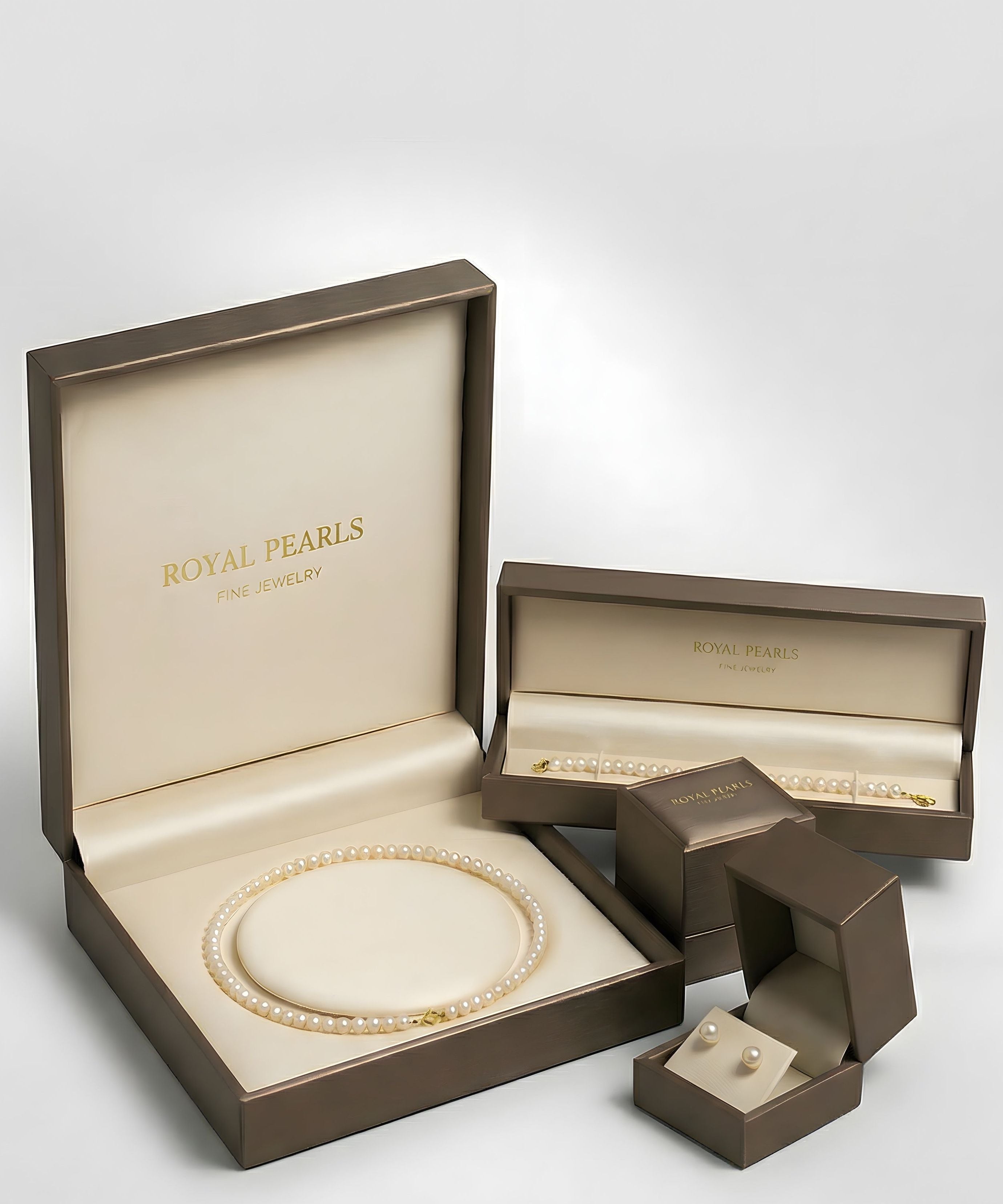 Tipuri de cutii oferite pentru ambalarea bijuteriilor cu perle royal Pearls confecționate din piele vegana la exterior și material moale de microfibră la interior pentru protecția perlelor