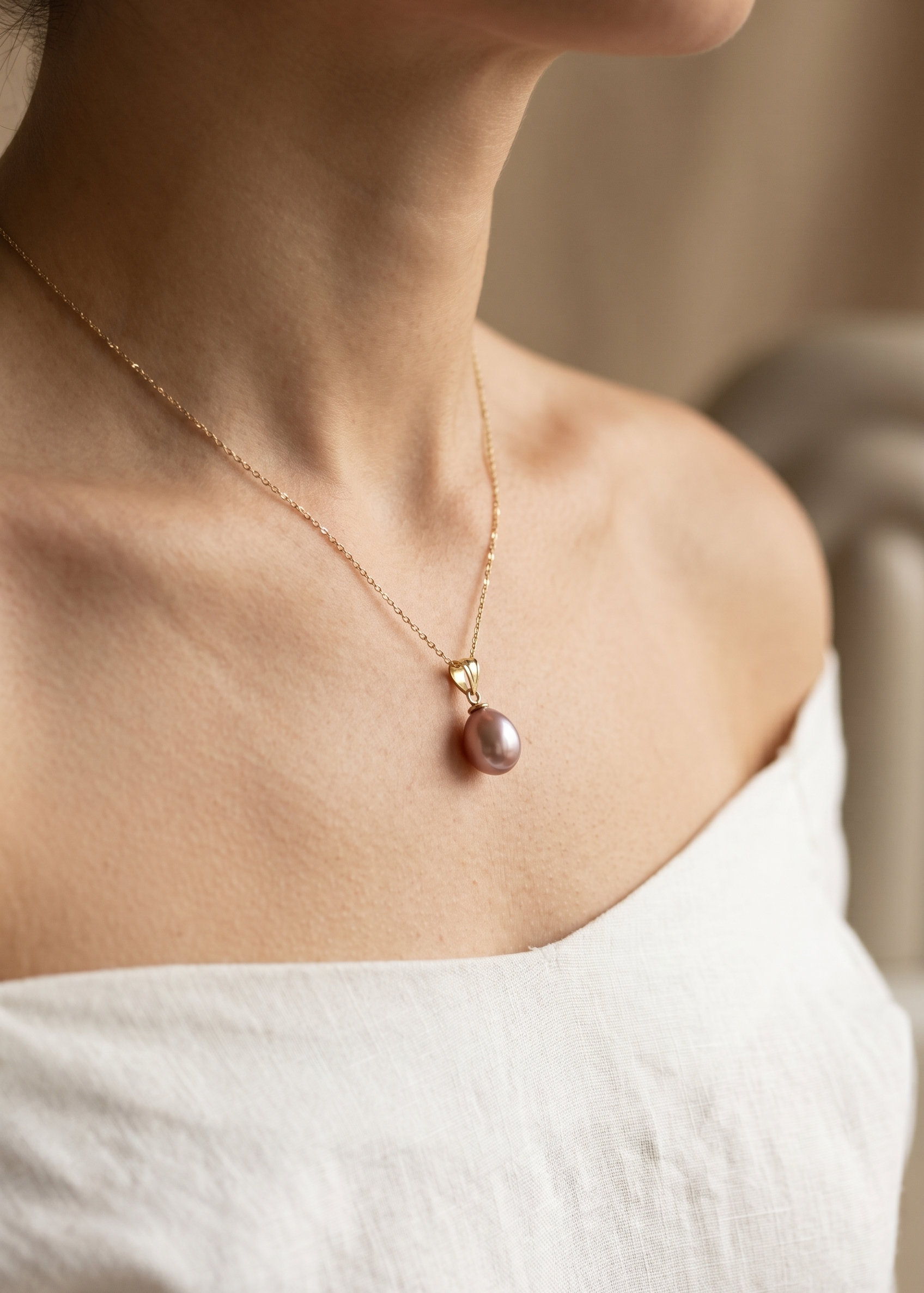 Colier Aur 14K cu Perlă Naturală Mov Lacrimă 8-9mm — Nova - colier perle naturale aur 14K - Royal Pearls
