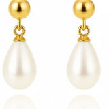 Cercei stud lung din aur 14K cu perle de cultură albe 8–8,5 mm în formă lacrimă — Lady D