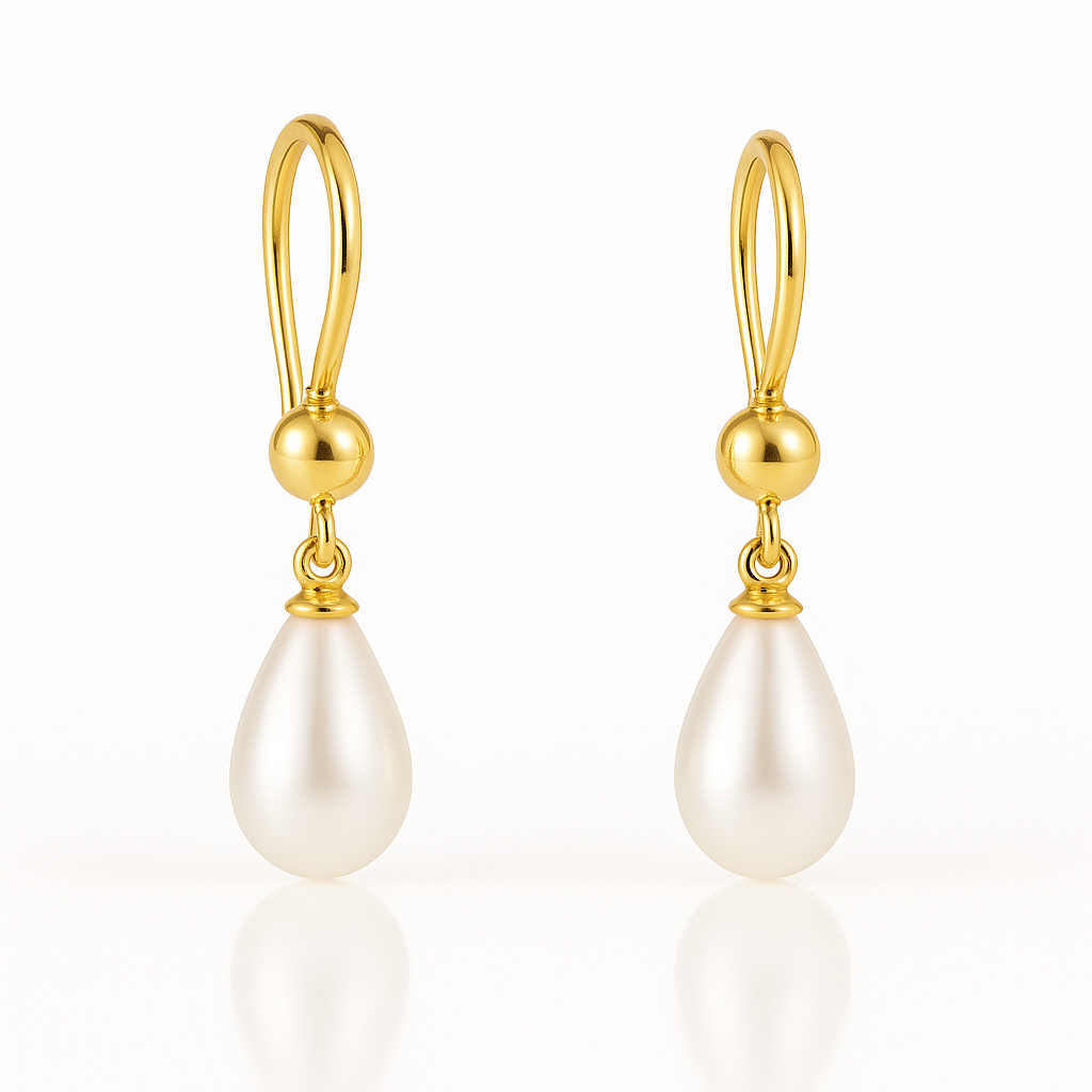 Cercei din aur 14K galben cu perle naturale de cultură albe, 8–8,5 mm, formă lacrimă