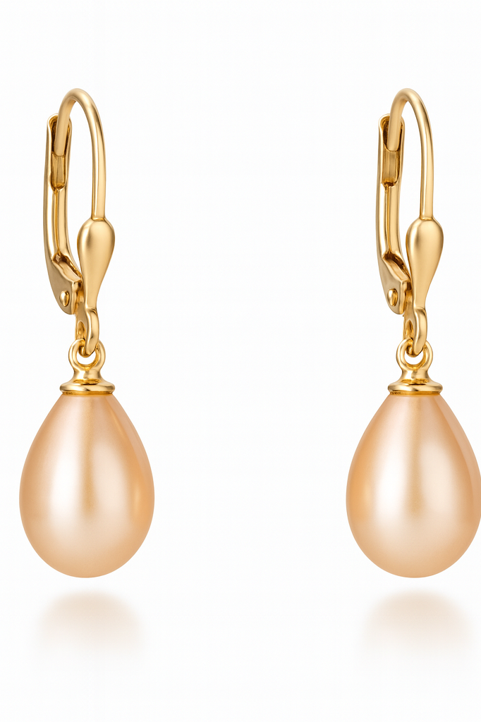 Cercei din aur 14K galben cu perle naturale de cultură roz, 8–8,5 mm, formă lacrimă