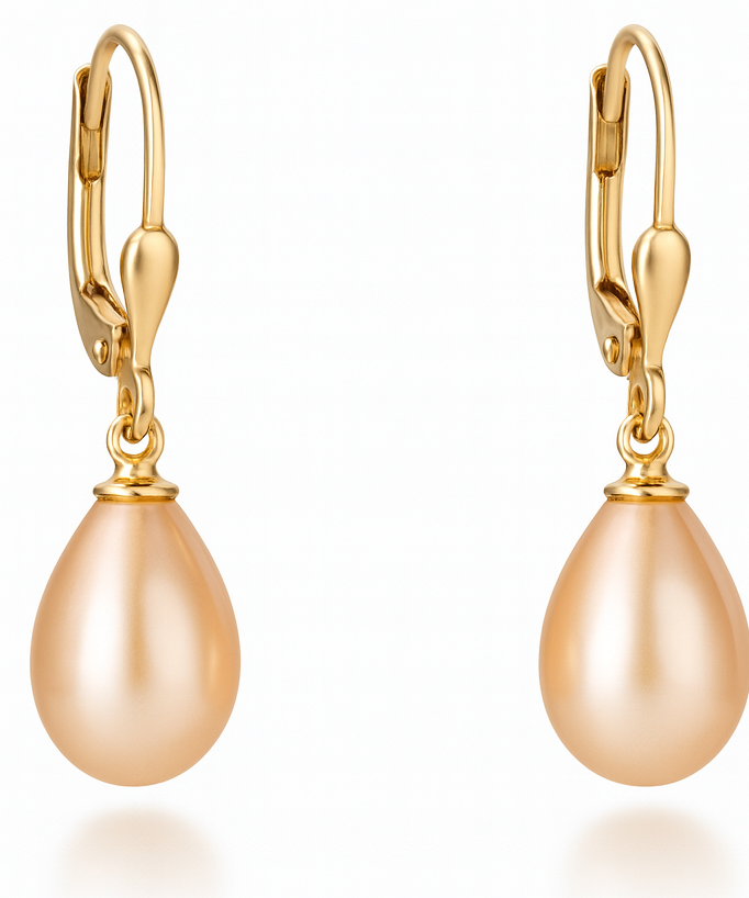 Cercei din aur 14K galben cu perle naturale de cultură roz, 8–8,5 mm, formă lacrimă