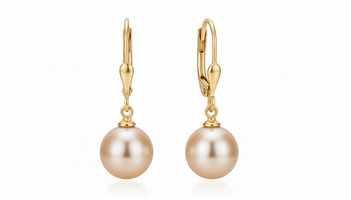 Cercei din aur 14K galben cu perle naturale de cultură roz, 8–8,5 mm