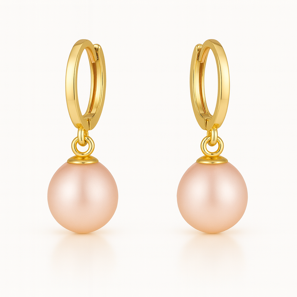 Cercei lungi din aur 14K galben cu perle naturale de cultură roz, 7–7,5 mm