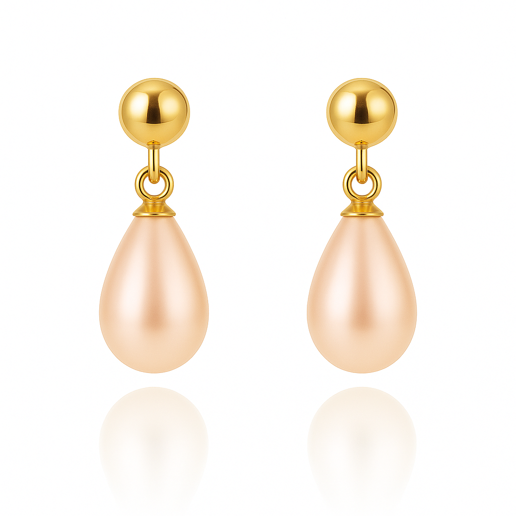 Cercei stud lungi din aur 14K galben cu perle naturale de cultură roz, formă lacrimă