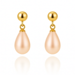 Cercei stud lungi din aur 14K galben cu perle naturale de cultură roz, formă lacrimă
