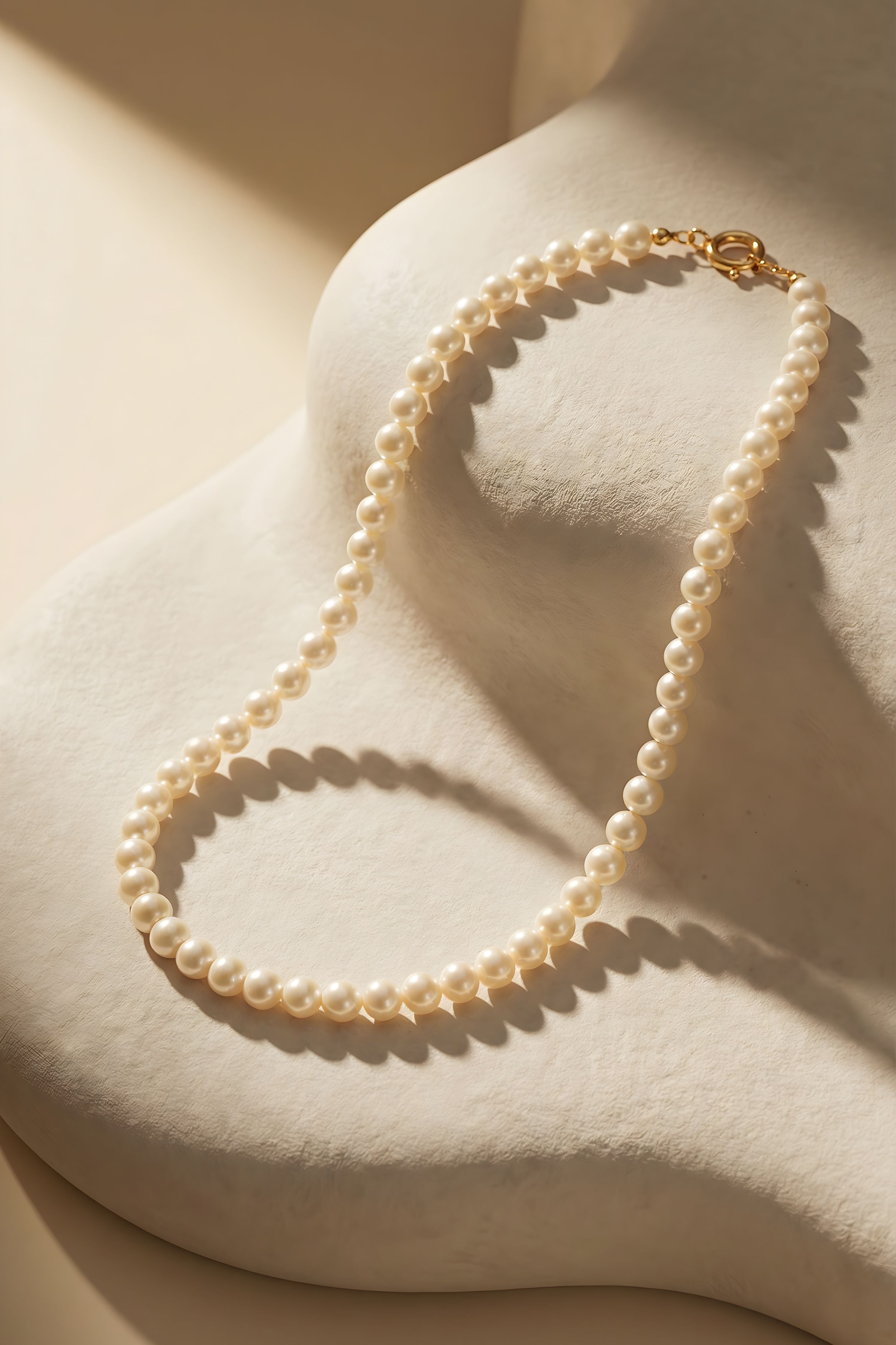 Detaliu colier cu perle de cultură champagne, strălucire caldă