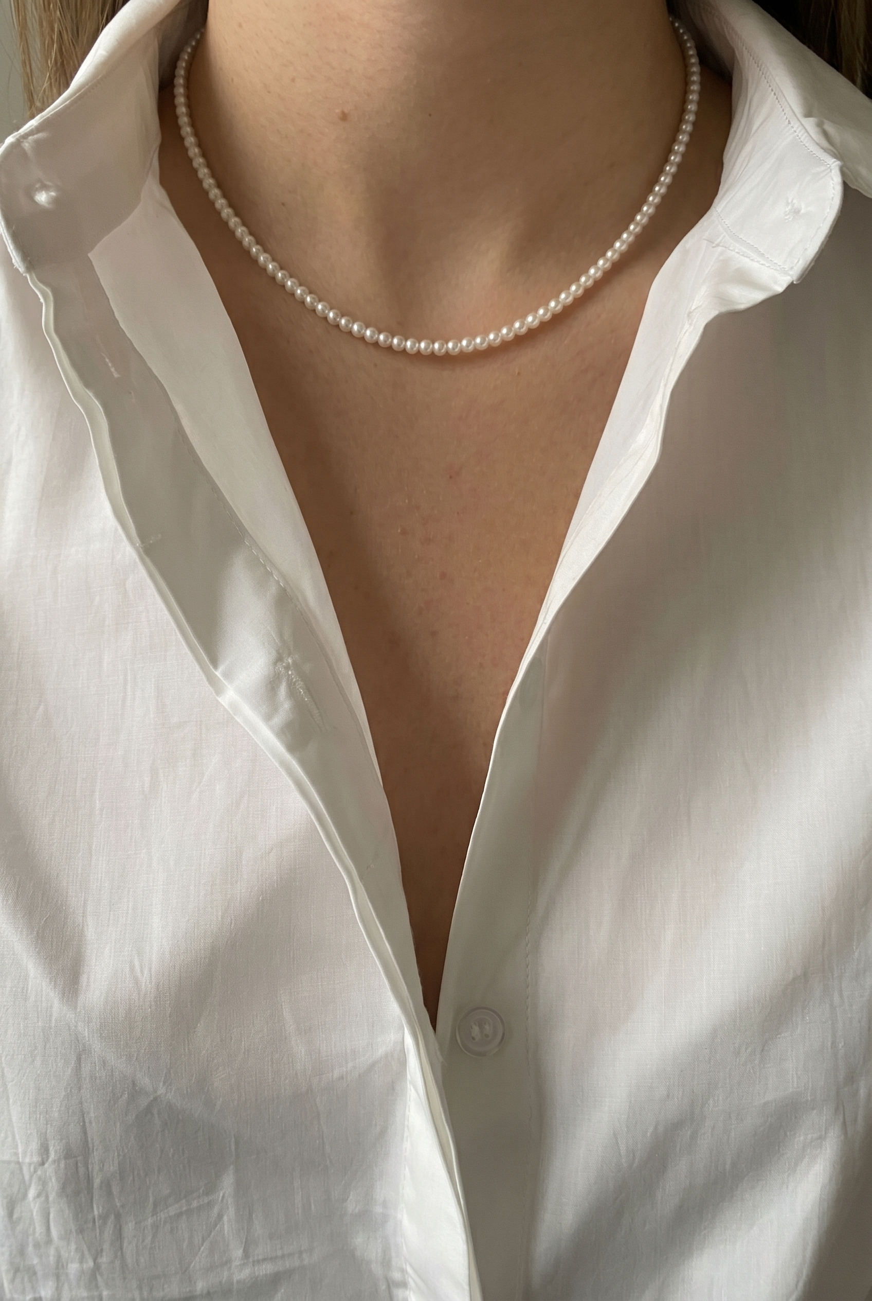 colier perle naturale albe 3mm AAA aur 14k detaliu - petite pearl - royal pearls