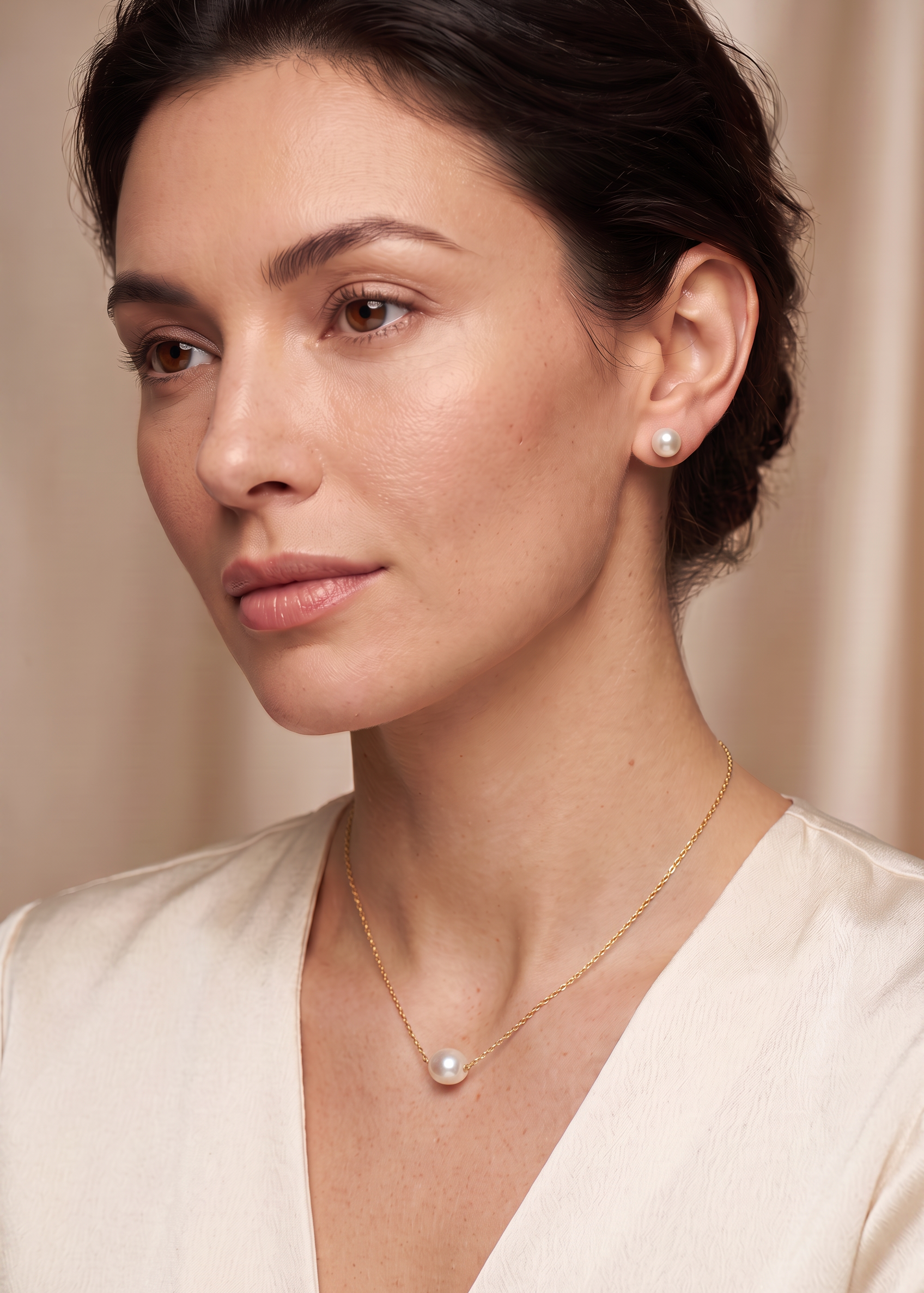 Set Perle Naturale Albe Aur 14K Marie – Perle Rotunde 7–8 mm detaliu - set bijuterii perle naturale aur 14K - Royal Pearls