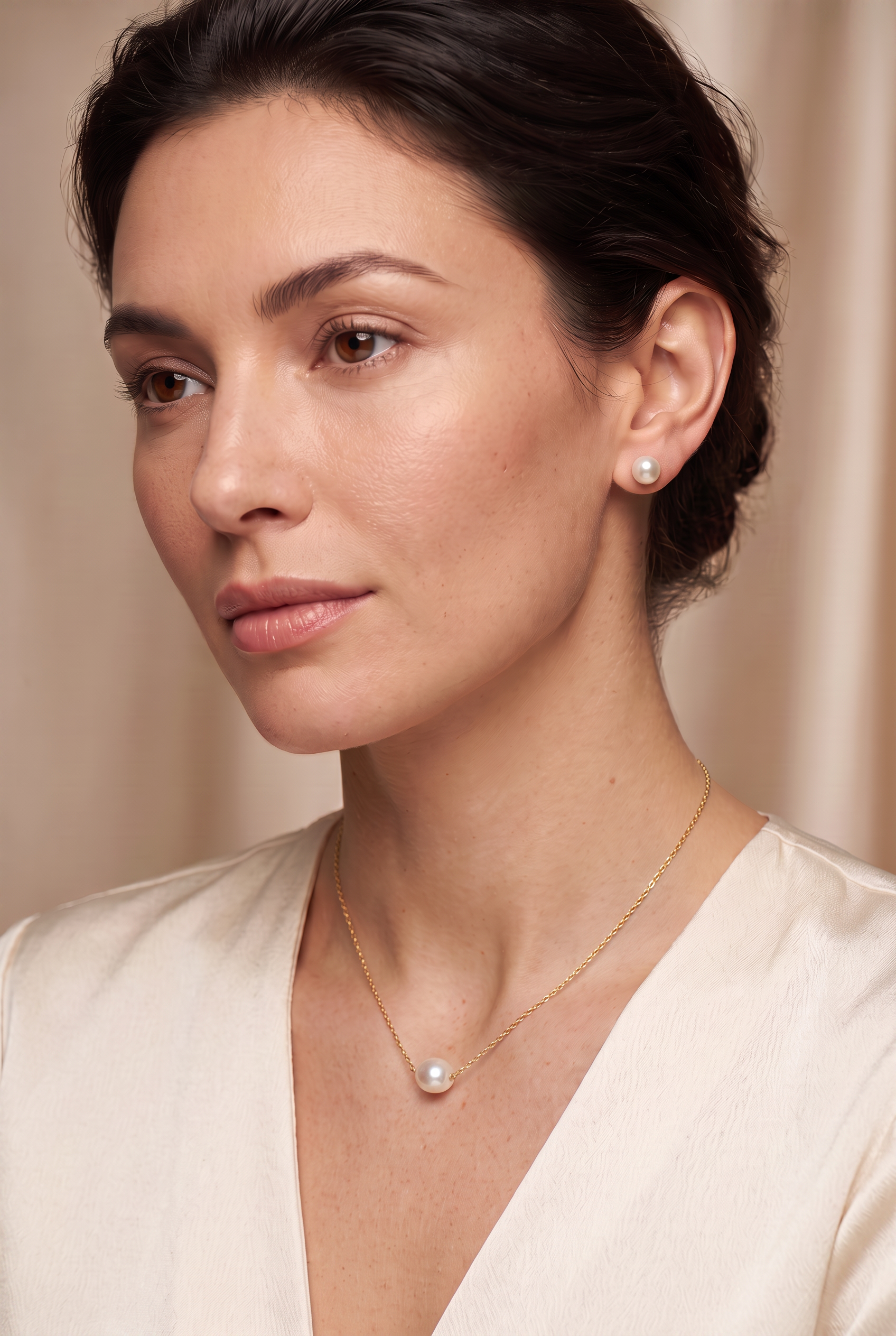 Set Perle Naturale Albe Aur 14K Marie – Perle Rotunde 7–8 mm detaliu - set bijuterii perle naturale aur 14K - Royal Pearls