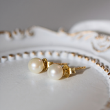 14K gold stud earrings with natural white cultured pearls 5 – 6 mm