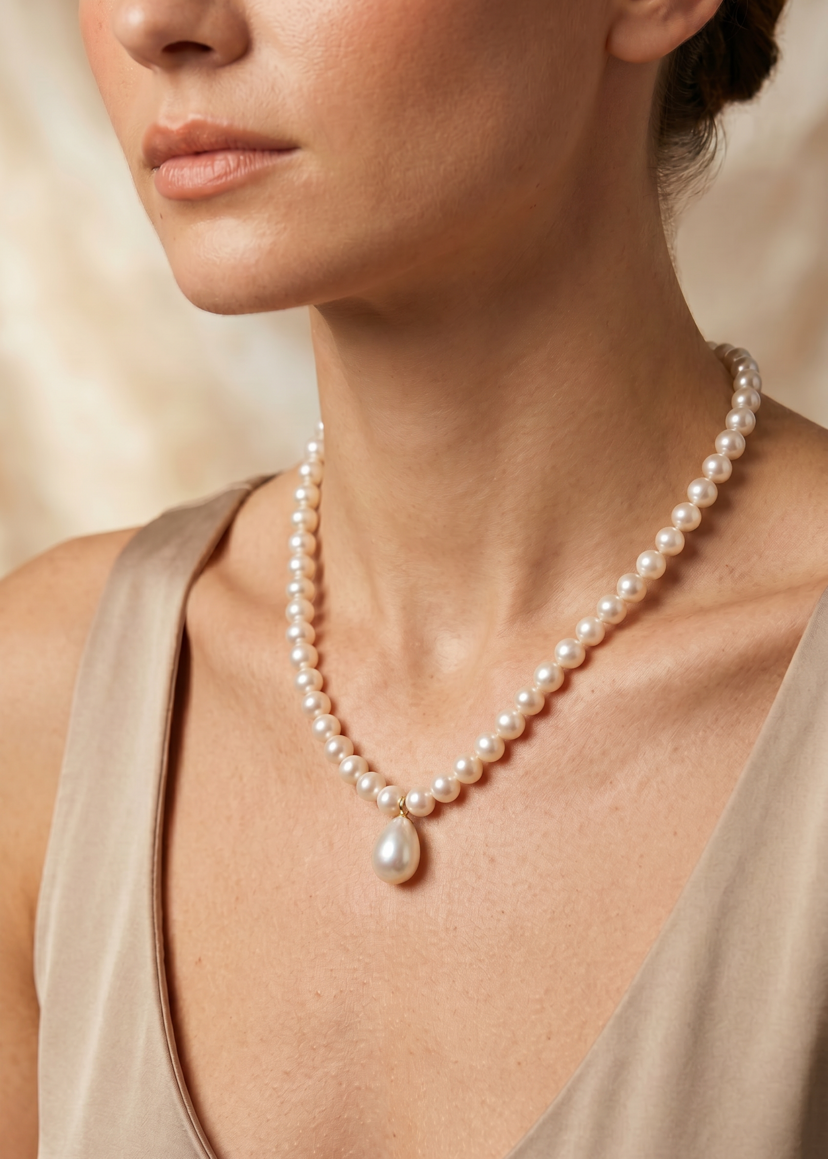 Colier Aur 14K cu Perle Naturale Champagne 5-6mm si Pandantiv Perla— Lady Di - colier perle naturale aur 14K - Royal Pearls