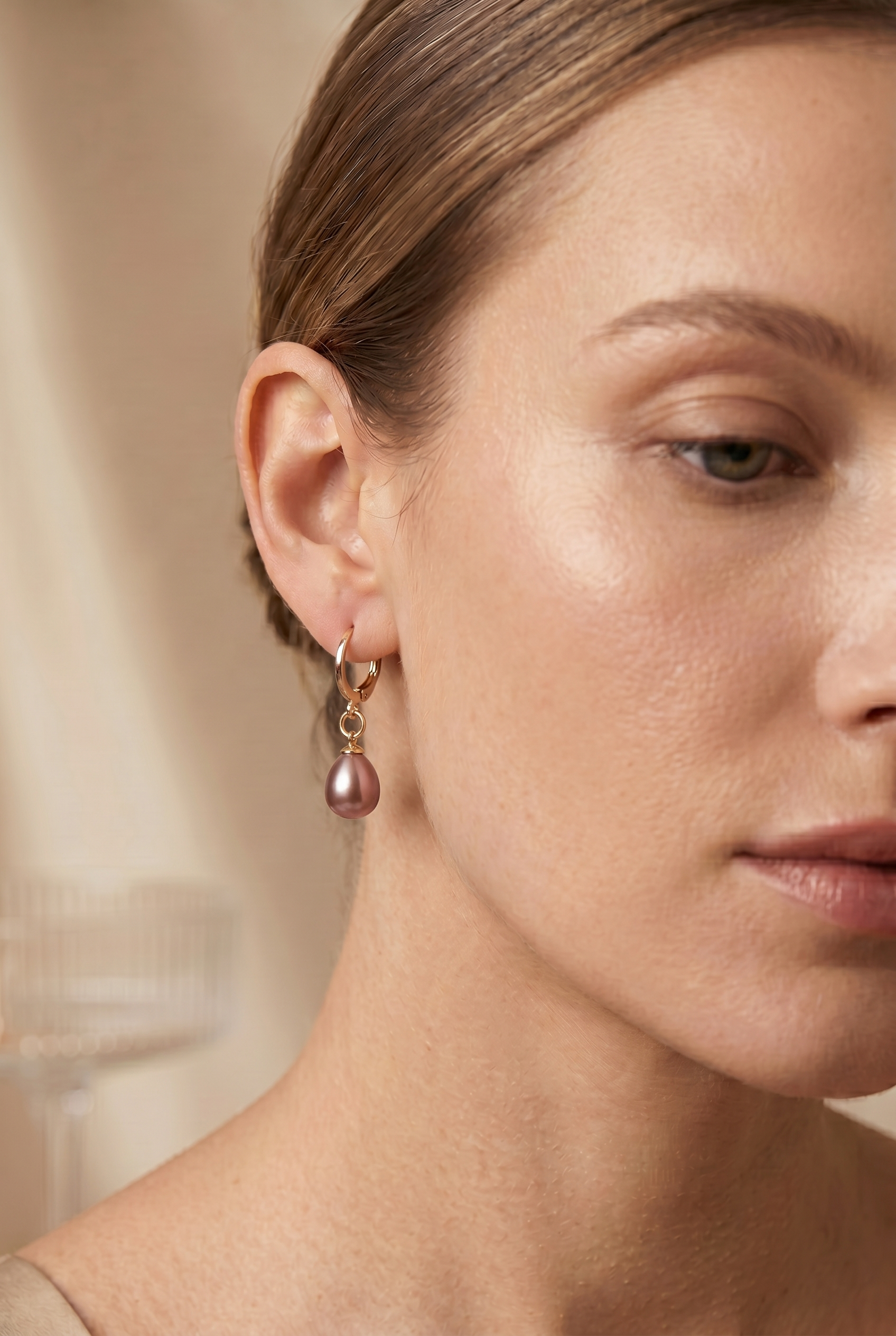 cercei perle naturale mov lacrima 8-9mm aur 14k detaliu - sophie - royal pearls