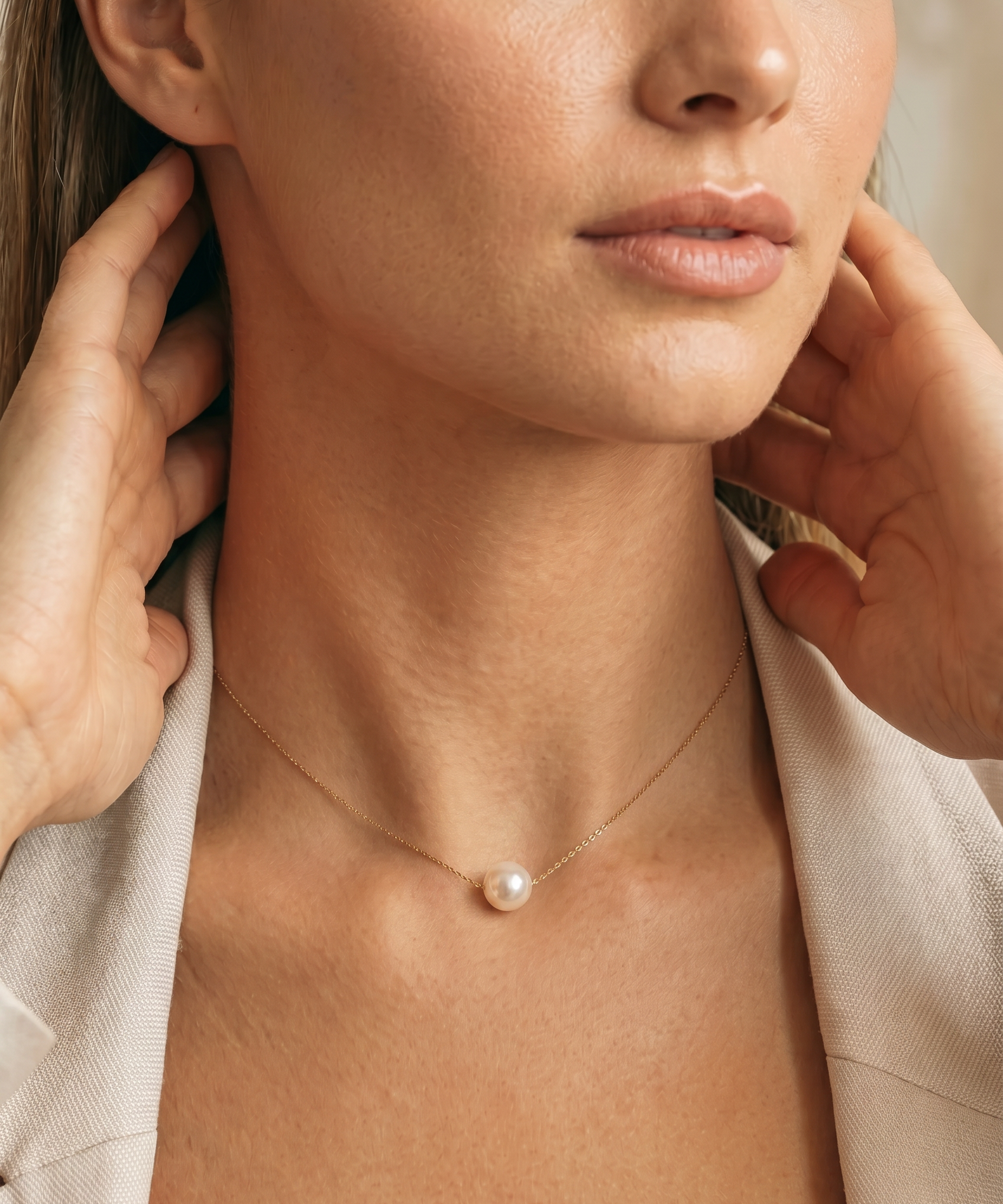 colier perle naturale albe rotunde 7-8mm aur 14k detaliu - marie - royal pearls
