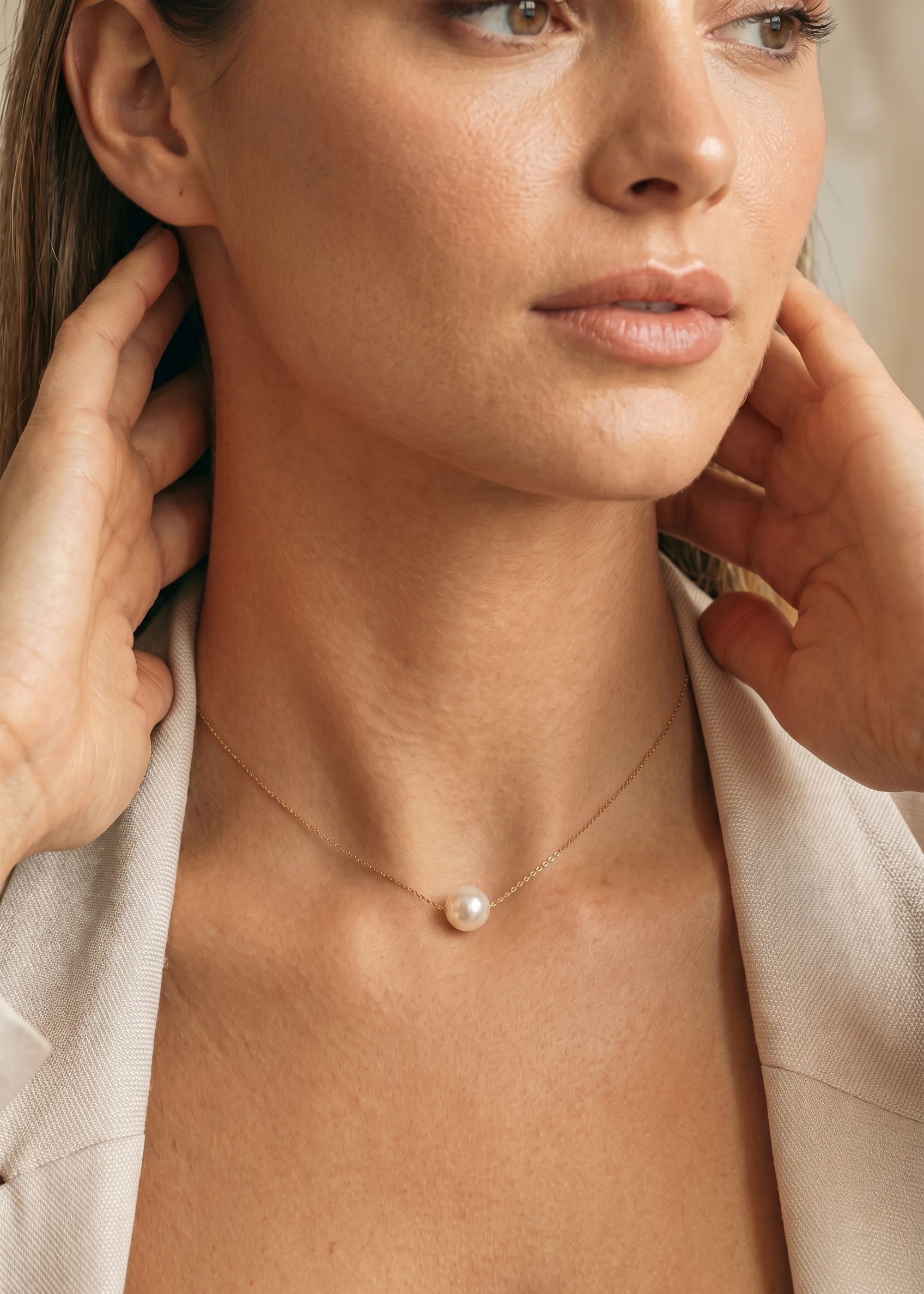 Colier Aur 14K cu Perlă Naturală Albă Rotundă 7-8mm — Marie detaliu - colier perle naturale aur 14K - Royal Pearls